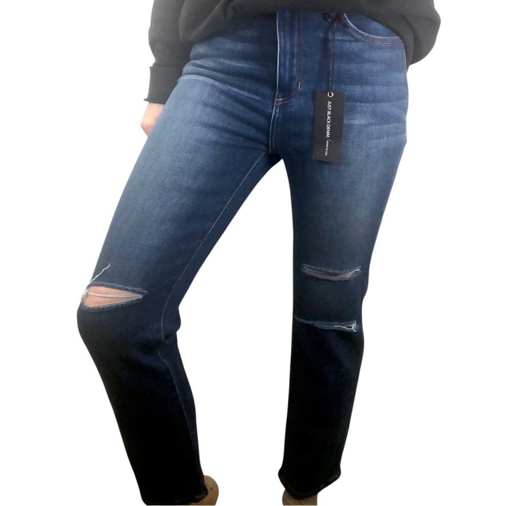 Just Black Denim Saturday Straight Leg Knee Slit Jeans Sz 25 Dark Blue High Rise